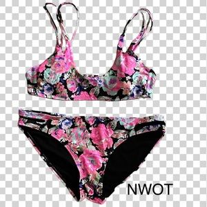 Unique Floral Bikini * Bright Pink and Green on Black Background * Size L